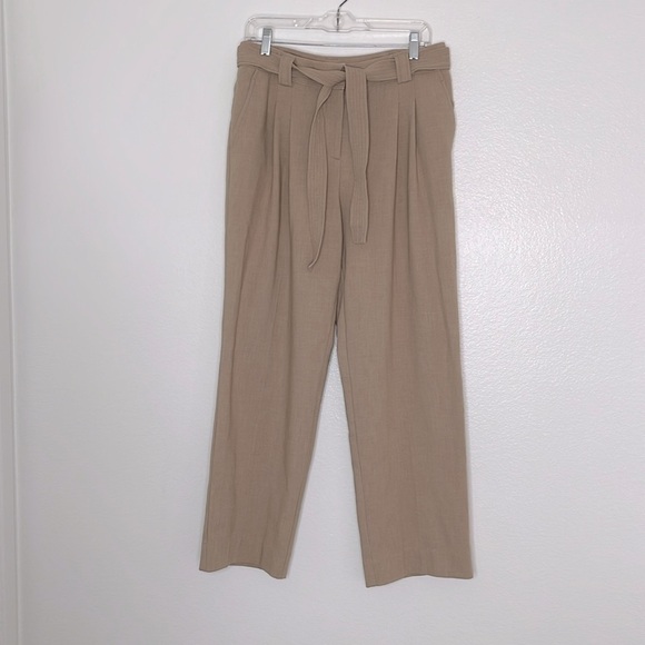 Anthropologie Maeve Tan High Rise Straight Leg Tailored Belted Trousers Size 8 - Picture 1 of 7
